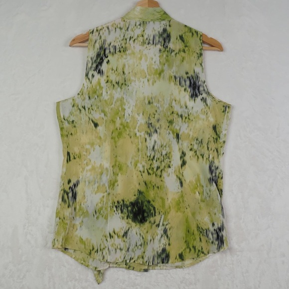 Ann Taylor Womens Silk Blouse 8 Green Watercolor Tie Neck Sleeveless Office Work - Picture 2 of 9